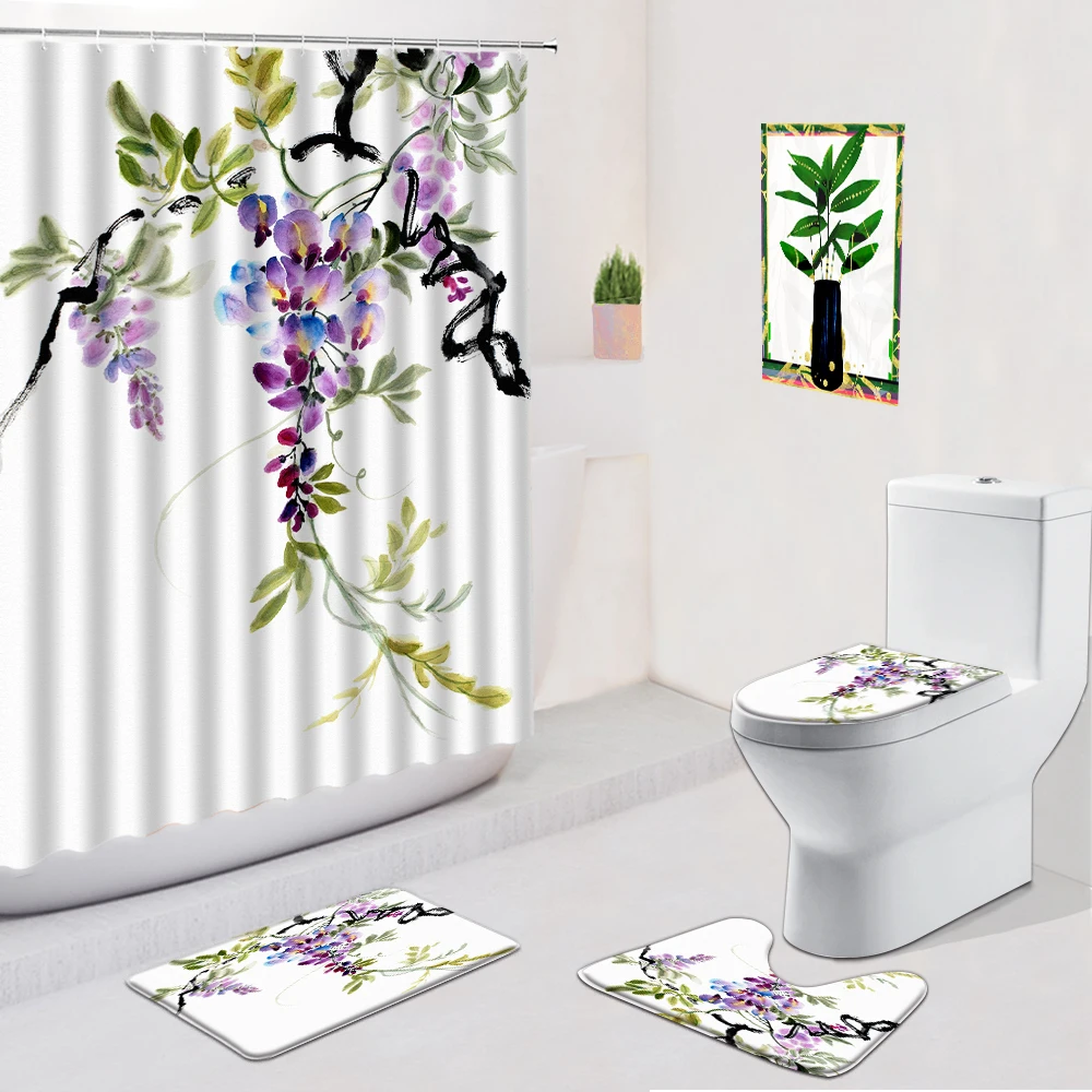 

Flower Bird Bathroom 4 Pcs Set Shower Curtain Chinese Style Floral Non Slip Mats Bath Carpets Toilet Cover Mat Door Rug Curtains
