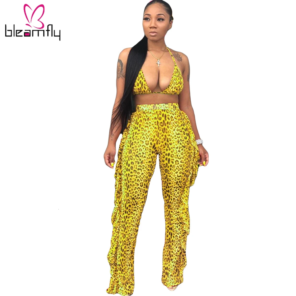 Женский леопардовый топ с v образным вырезом и открытой спиной + штаны оборками