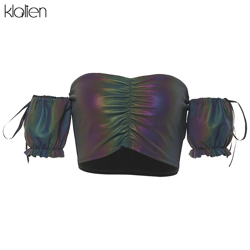 Женские Яркие Светоотражающие кроп топы kalien Клубные вечерние блестящие футболки