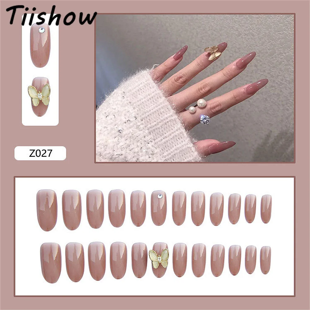 

Tiishow 24 шт. искусственные ногти в форме бабочки с драгоценным камнем Желейный гель розовый стразы металлический декор полное покрытие наклад...