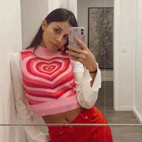 heyoungirl heart sleeveless knitted crop top sweater vest summer pink casual y2k 90s pullover knitwear fashion streetwear 2021