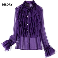 2021 spring summer style shirt high quality women cascading ruffle floral patterns flare sleeve casual sexy black purple blouse