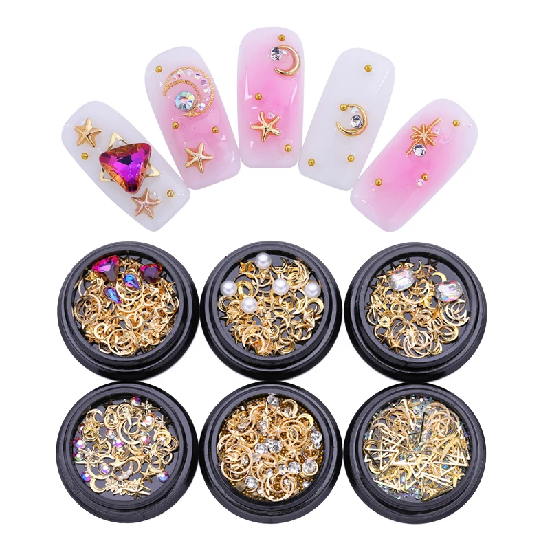 3D золотые гвоздики для ногтей цветные заклепки Луна Звезда красивые узоры