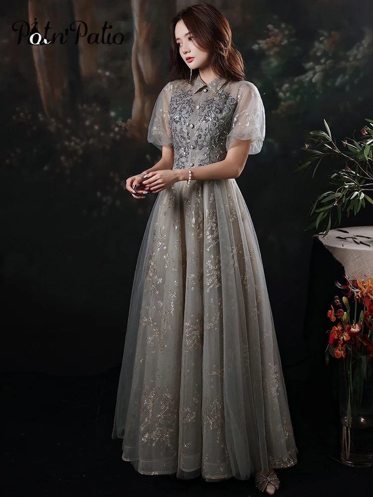 

Gray Evening Dresses Long Elegant Appliques Sequin Tulle A-Line Floor-Length Women Formal Gowns For Wedding