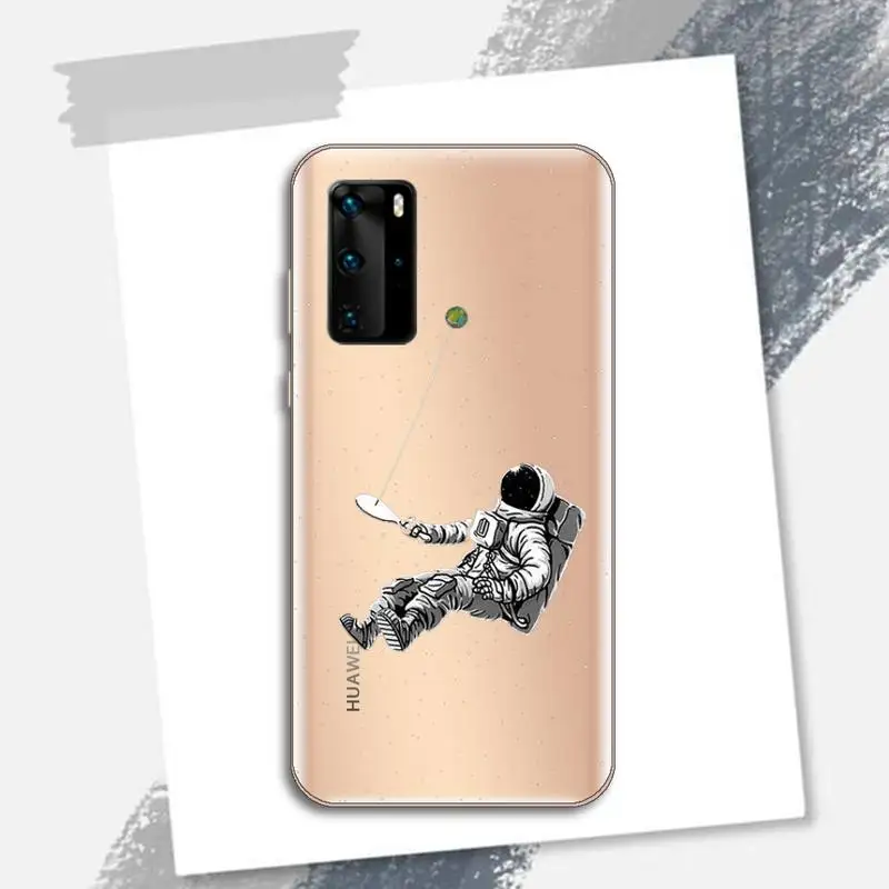 

Black White Moon Stars Space Astronaut Phone Case Transparent for Huawei P honor 8 10i 20 30 40 smart 2019