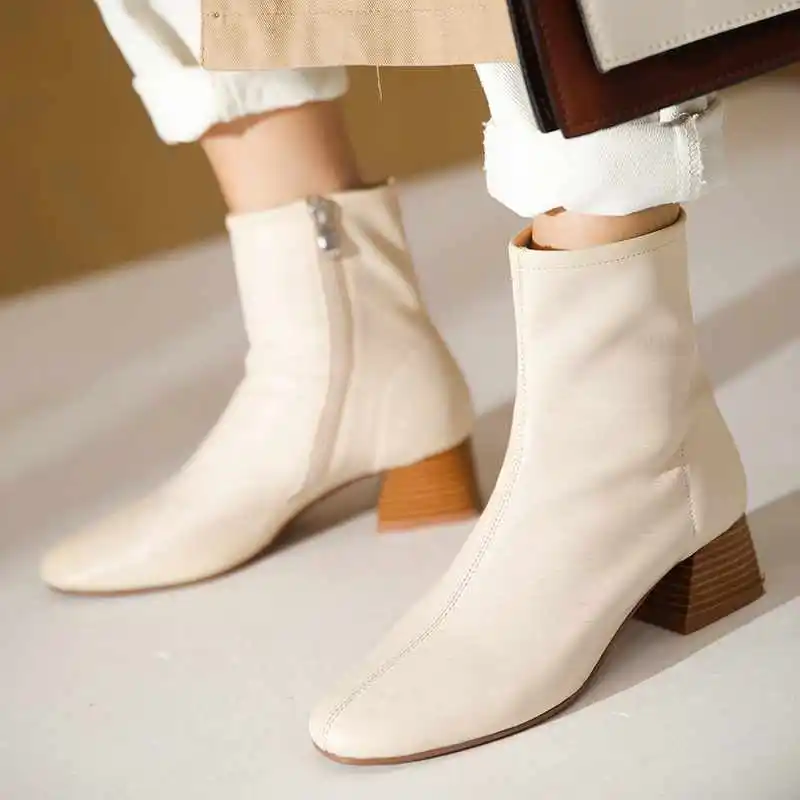 

Krazing Pot soft breathable genuine leather boots round toe med heels winter keep warm women fashion side zip ankle boots L11