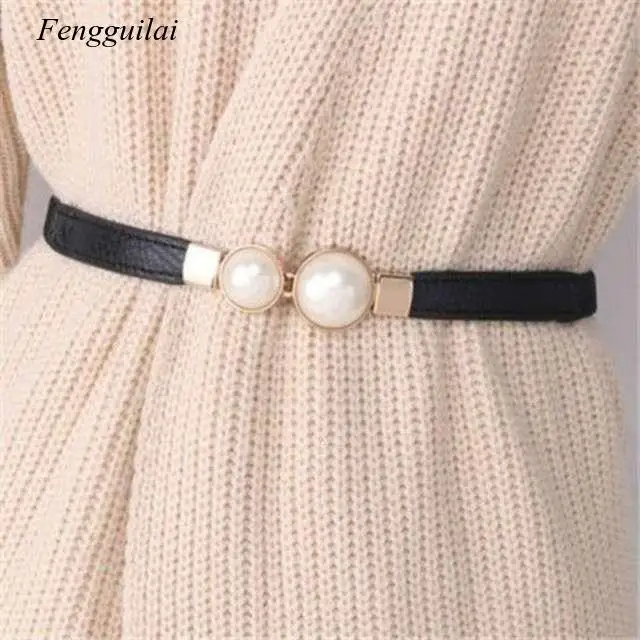 

Women Double Pearl Belt Female Black Red White Pu Leather Dress Skirt Waist Elastic Thin Belts Ladies Designer