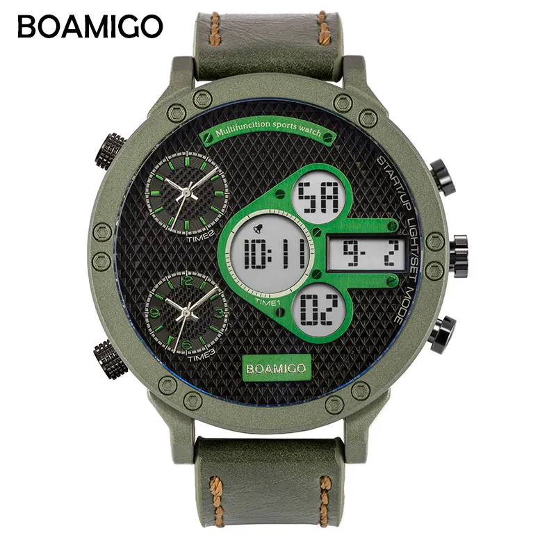 green BOAMIGO мужские военные часы мужские спортивные часы мужские кварцевые светодиодный цифровой аналоговый 3 Часы мужские коричневые синие наручные часы водонепроницаемые - Цвет: green