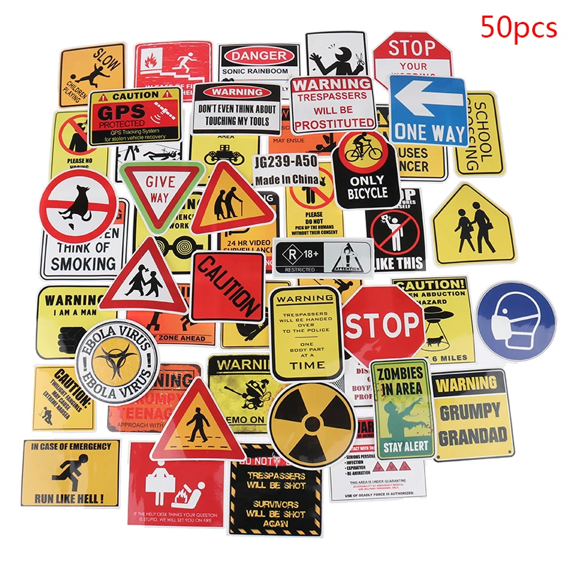 

50pcs/Pack Funny Warn Sign Stickers Motorcycle Skateboard PVC Sticker
