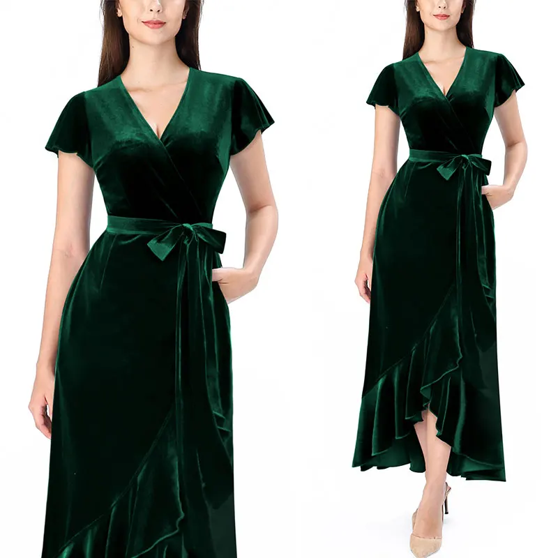 Green Velvet Vfemage, женские бархатные леопардовые, в горошек, с оборками, с карманами, с поясом, с разрезом, высокая низкая, повседневное, официальное, для вечеринки, длинное платье макси 079 - Цвет: Green Velvet