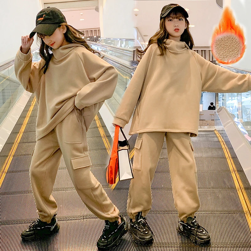 

Girls Fleece Clothing Set Autumn Winter Thicken Khaki Hoodies Overalls Two Pieces Tracksuit for Children Young Causal Sportswear