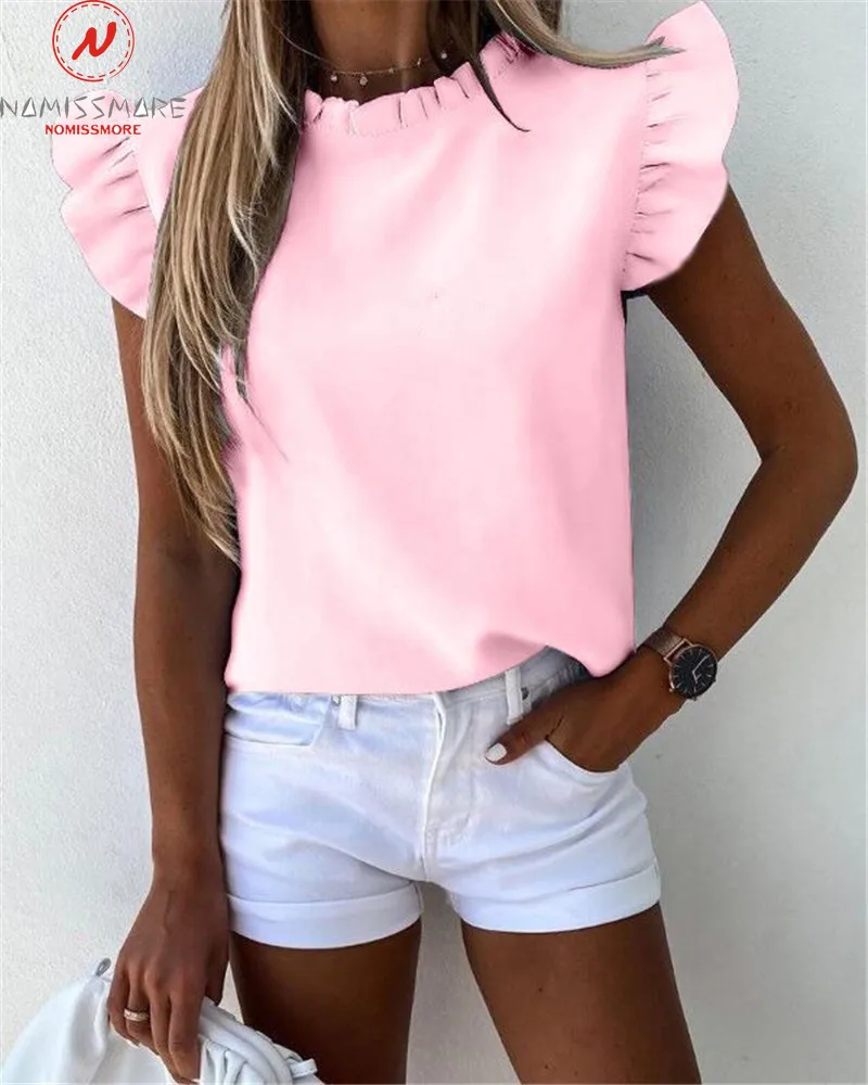 Модные женские летние однотонные футболки с оборками украшенные круглым вырезом