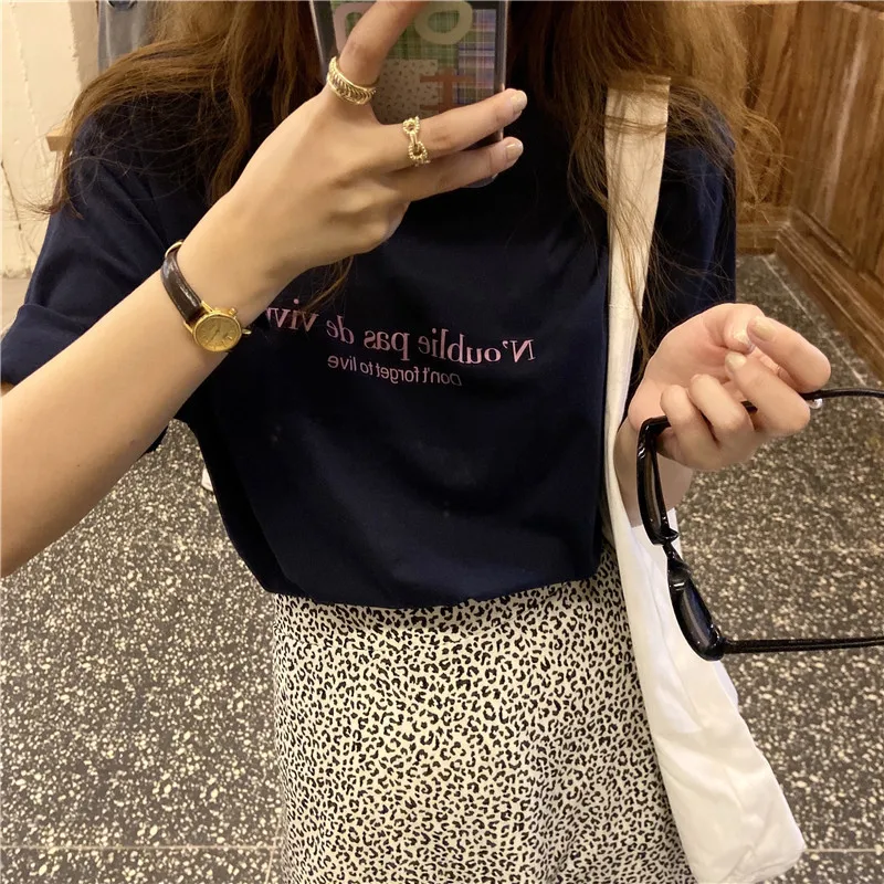 

Letter Printed Thin Short Sleeve Cotton O-neck Fashion Vintage Sweet Fresh College Wind Basic 2021 Summer Women T-shirts