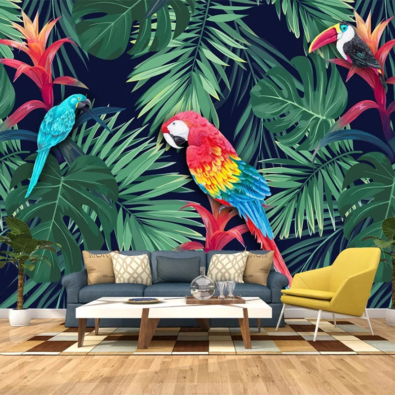 3D фотообои на заказ скандинавские тропические растения Зеленый лист попугаи