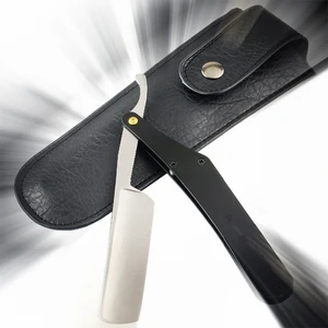 Прямая Бритва для парикмахера из нержавеющей стали, черная ручка с качественным чехлом из искусственной кожи для мужчин, складной нож для бритья