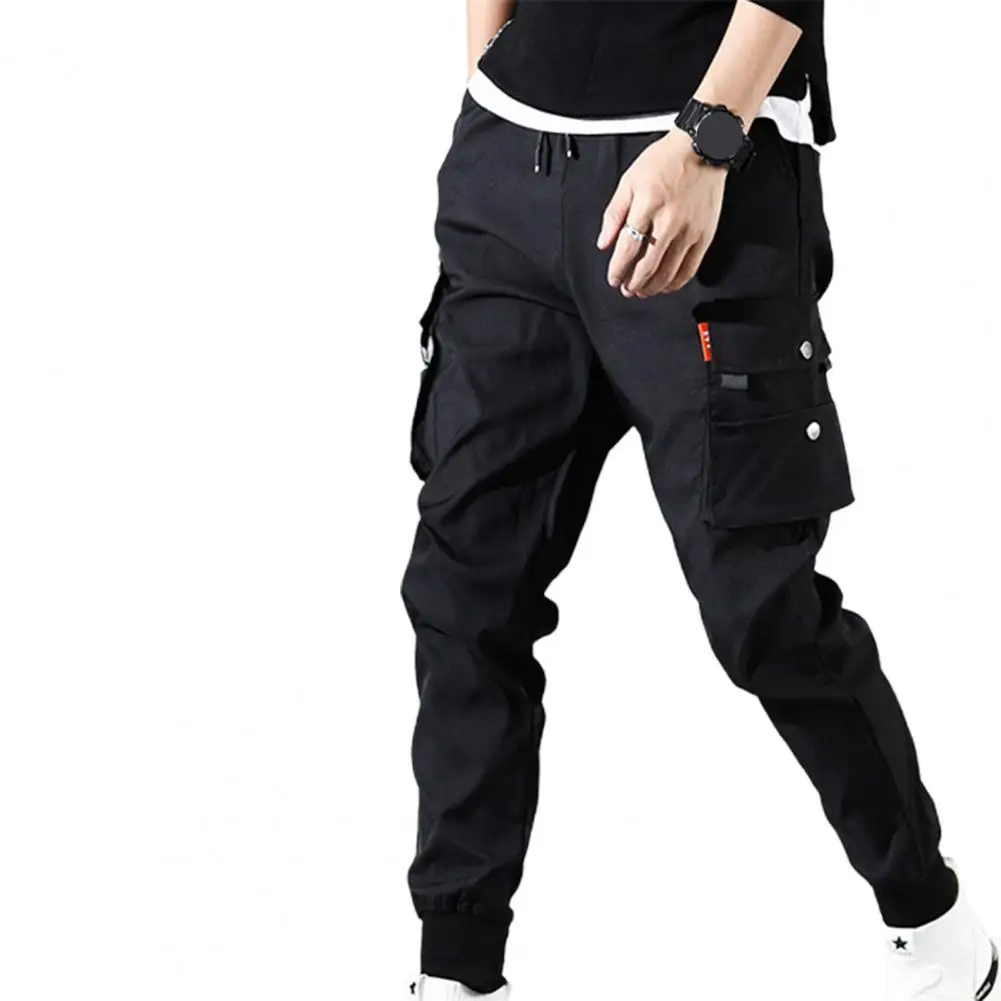 

2021 New Men's Pants Solid Elastic Waist Thin Male Men Beam Feet Multi Pocket Cargo Pants Trousers Pockets Hem Cropped Pants