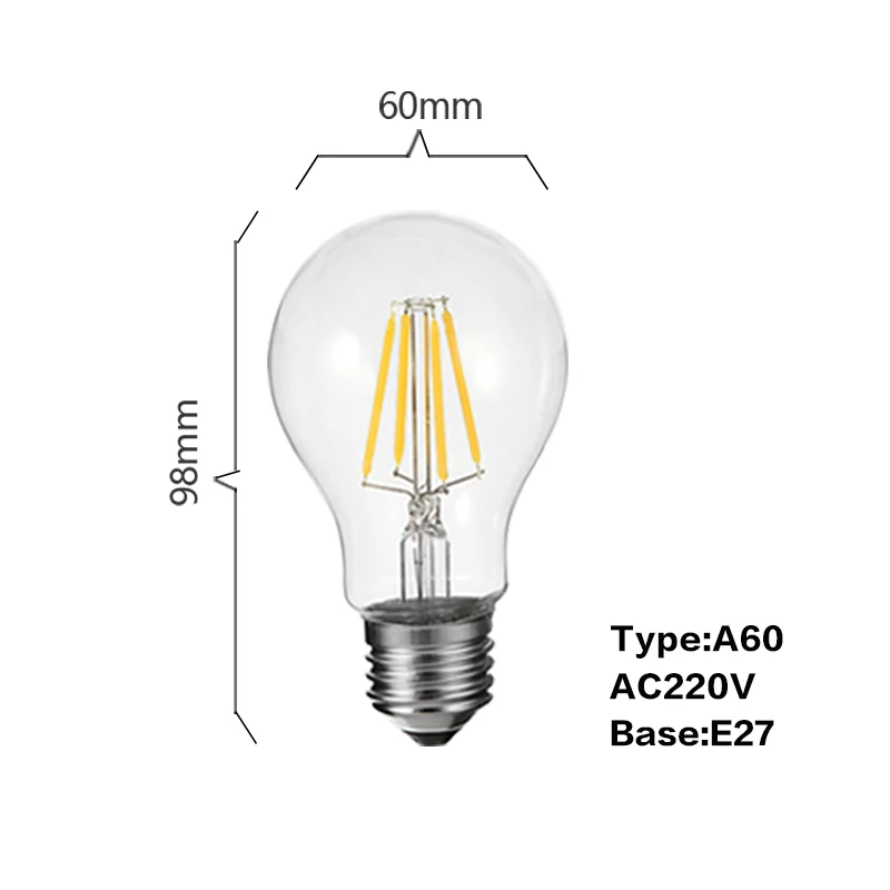 A60 220V Светодиодная лампа 2 Вт 4 Вт 6 Вт 8 Вт E27 с регулируемой яркостью, светодиодная лампа 220 В 110 В A60, античный ретро светильник Эдисона с нитью накаливания, лампа для домашнего декора, внутреннее освещение - Испускаемый цвет: A60 220V