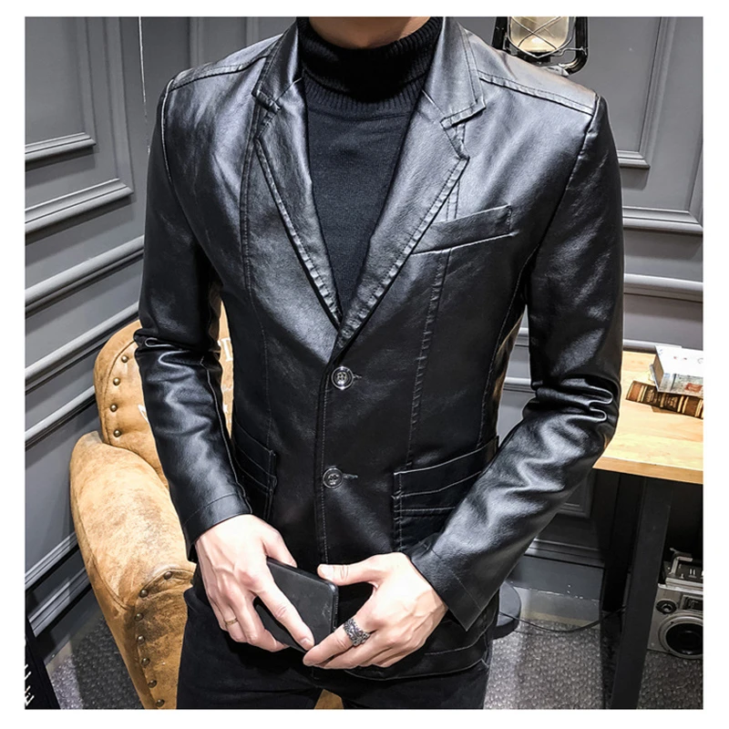 

2020 Leather Jacket Men Slim Fit Blazer Business Casual Mens Fashion PU Coat Spring Autumn Outwear Top