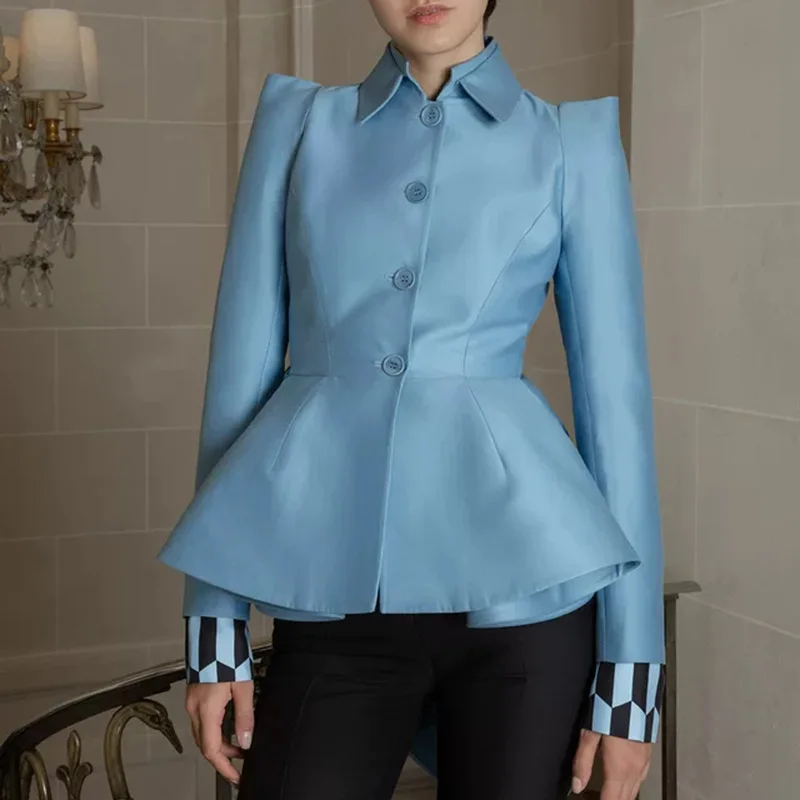 

Elegant Retro Turn-down Collar Single Breasted Blazer Jacket Ruffled Tail Women Suit Blazer