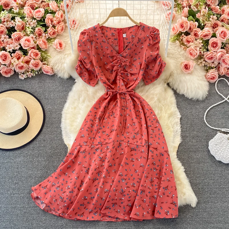 

Женское винтажное платье с цветочным принтом, оранжевое/синее платье с V-образным вырезом, коротким рукавом и высокой талией, элегантный пов...