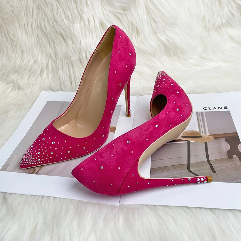 Keshangjia Ms grace diamond mei red suede pointed high-heeled shoes sexy stilettos 12 cm peep-toe party dress 33 to 45 yards