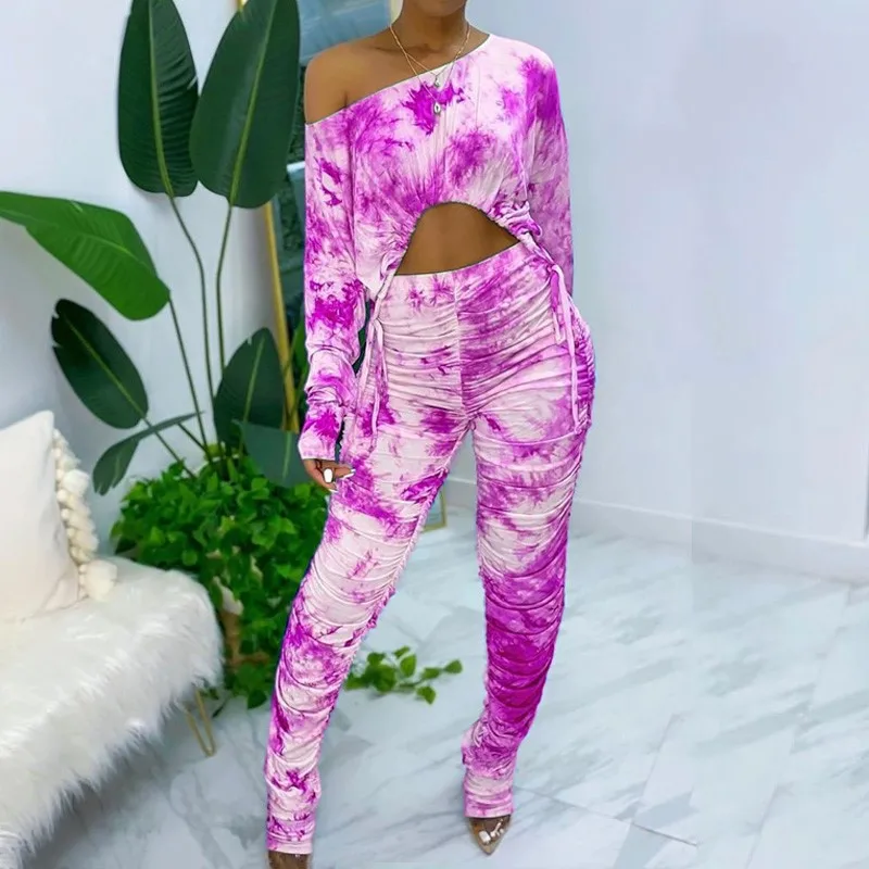 

Sexy Women 2 Pieces Set Tie Dye Long Sleeve Diagonal collar Short Top and bodycon pleated Pants Ladies Skinny Outdoor Wear
