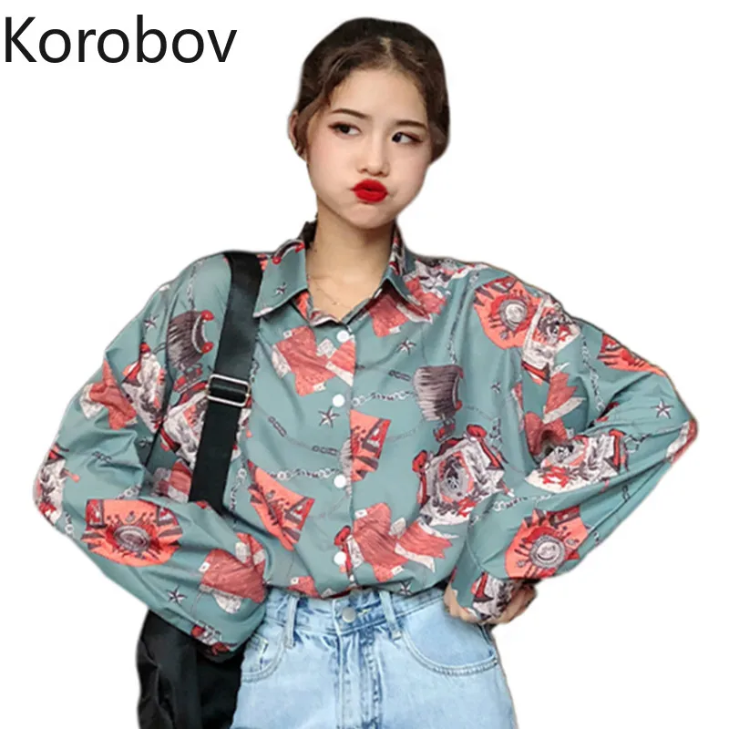 Korobov Harajuku рубашка с принтом из мультфильма винтажная однобортная женская блузка