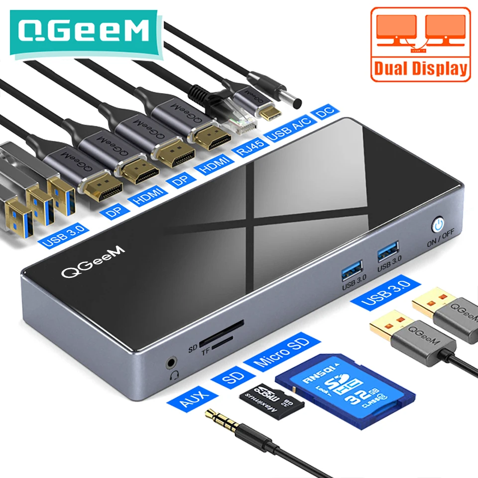 QGeeM 15-IN-1 USB-концентратор 3.0 Док-станция для Macbook Pro Ноутбуки Xiaomi Один 5K / Dual 4K @ 60Hz