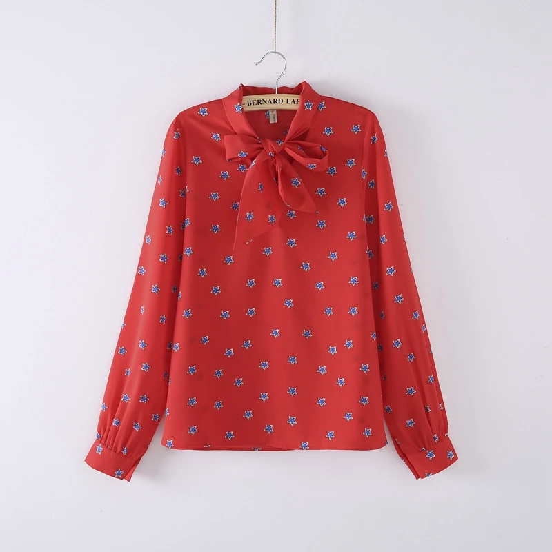 

Korean Style Women Tie Neck Chiffon Blouse Red White Small Five-Pointed Star Pattern Long Sleeve Top Spring Summer Autumn Wear