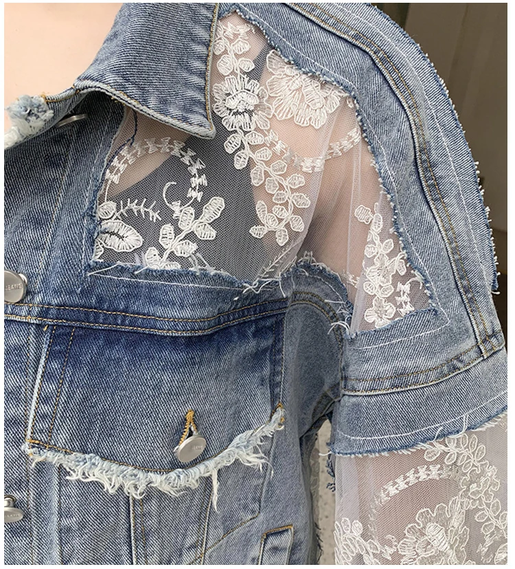 

Autumn New Fashion Patchwork Lace Embroidery Fake Two Pieces Outerwear Thin Loose Single-Breasted Women Denim Jacket Coats