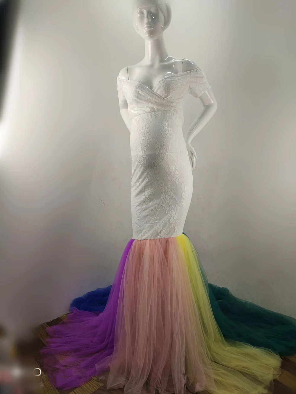 Кружевное платье для беременных фотосессии Радужное Сетчатое длинное макси