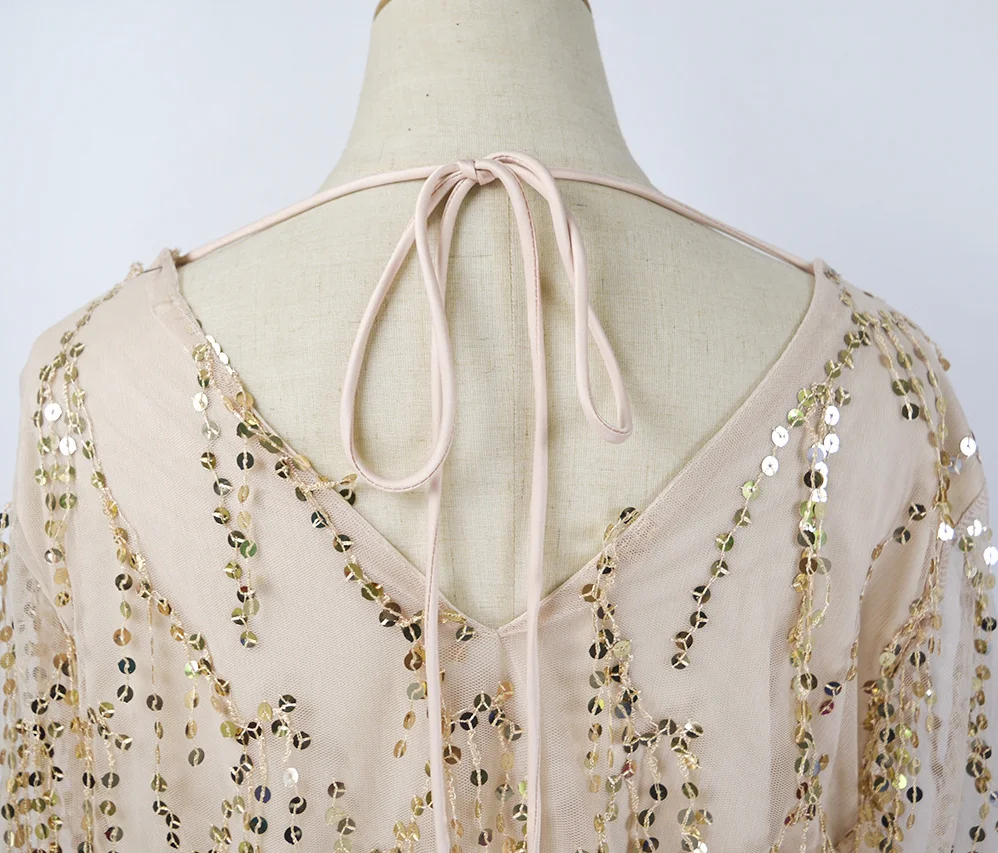 

Party Dress V-Neck Long-Sleeve Cocktail Dress Apricot Tassels Sequin Formal Long Club Dress Sexy V-Back Dresses For Women 2021