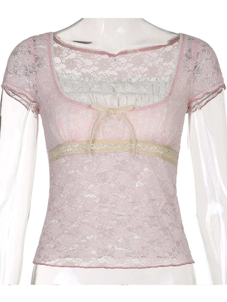 Женский кружевной топ с квадратным вырезом и коротким рукавом | Женская одежда