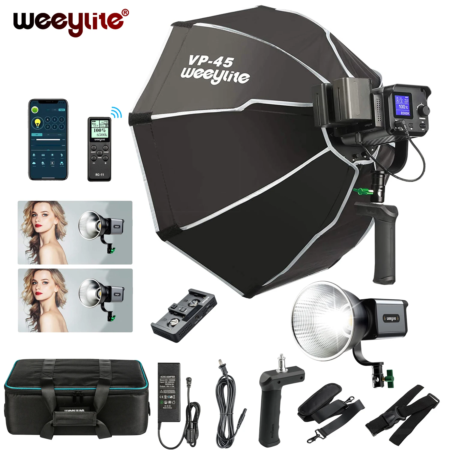 

Weeylite80W LED Video Light Continuous Fresnel Light YouTube Photography Lighting with Remote Control Portable Bag VP-45 Softbox