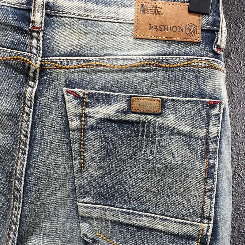 Italian Style Fashion Men Jeans High Quality Retro Elastic Vintage Designer Slim Jeans Men Distressed Scratch Casual Denim Pants