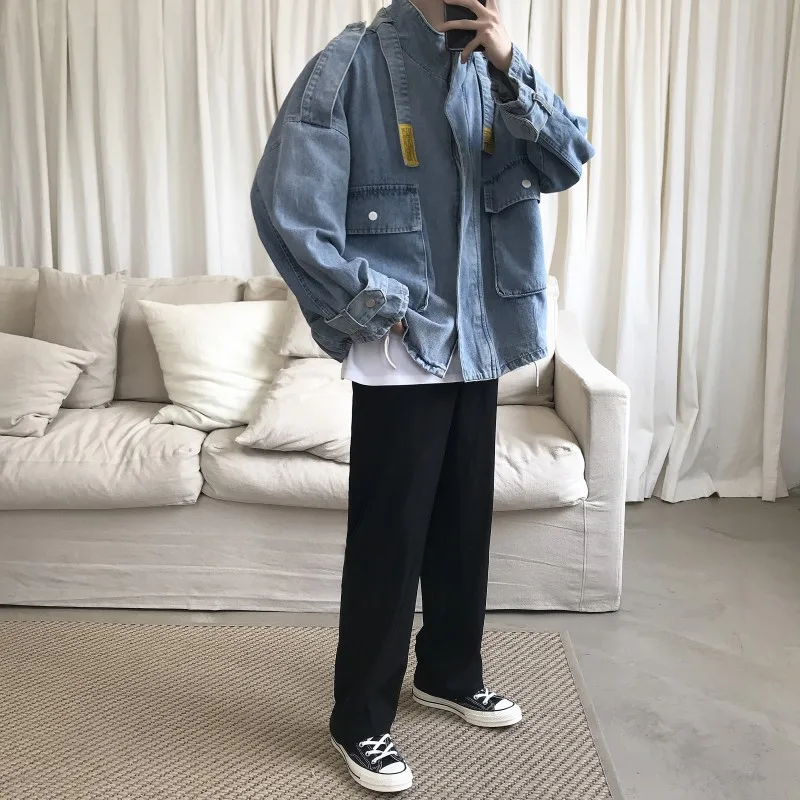 

Autumn Denim Jacket Men Japan Style Stand Collar Work Cowboy Coat College Casual Pocket Loose Blue Outerwear Male M-2XL