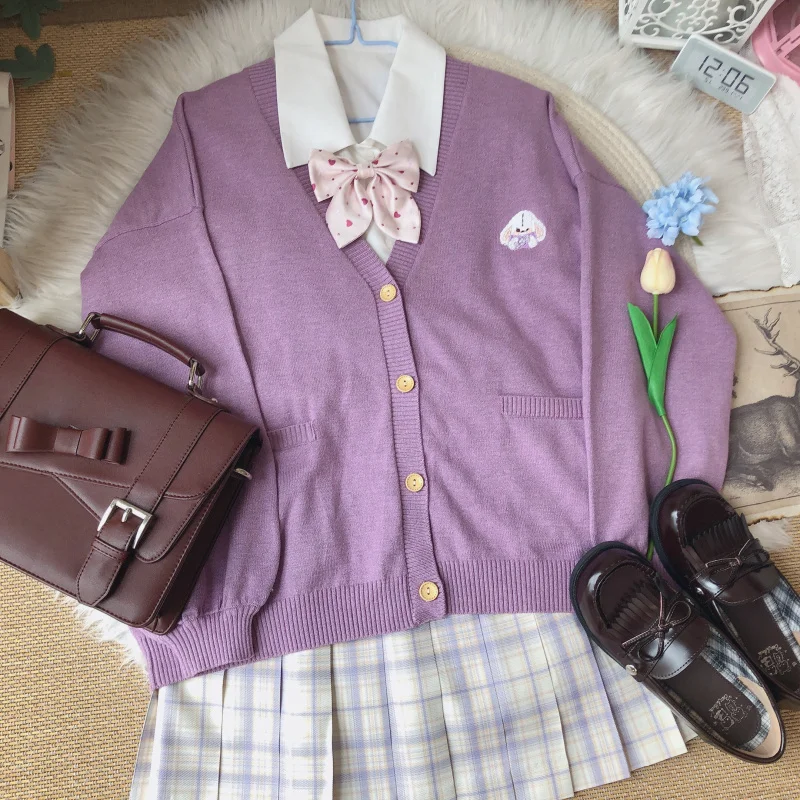 

Spring Autumn Koearn Girl Knit Cardigan Solid Color Cute Animal Embroidery Long Sleeve Sweater Women Coat Multicolor Overcoat