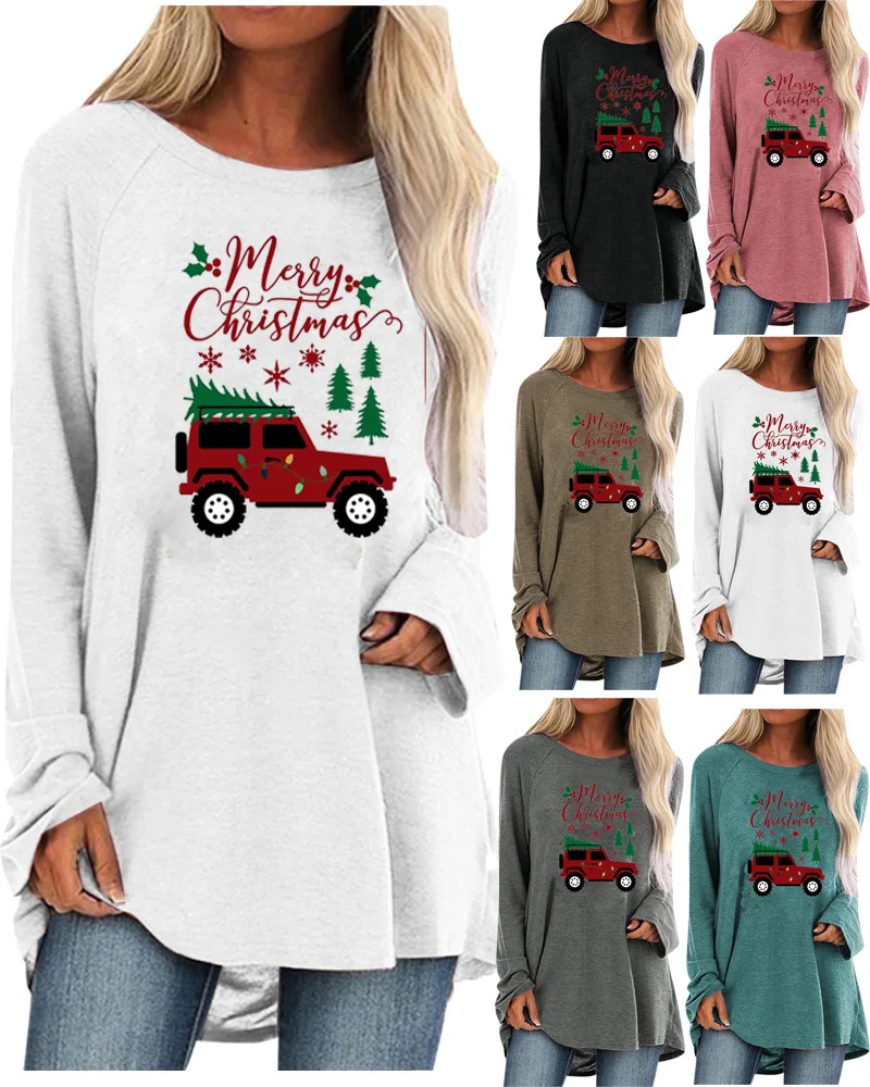 

Женские свитшоты с принтом рождественской елки, свободная футболка, женские повседневные свободные рубашки с круглым вырезом и длинным рук...