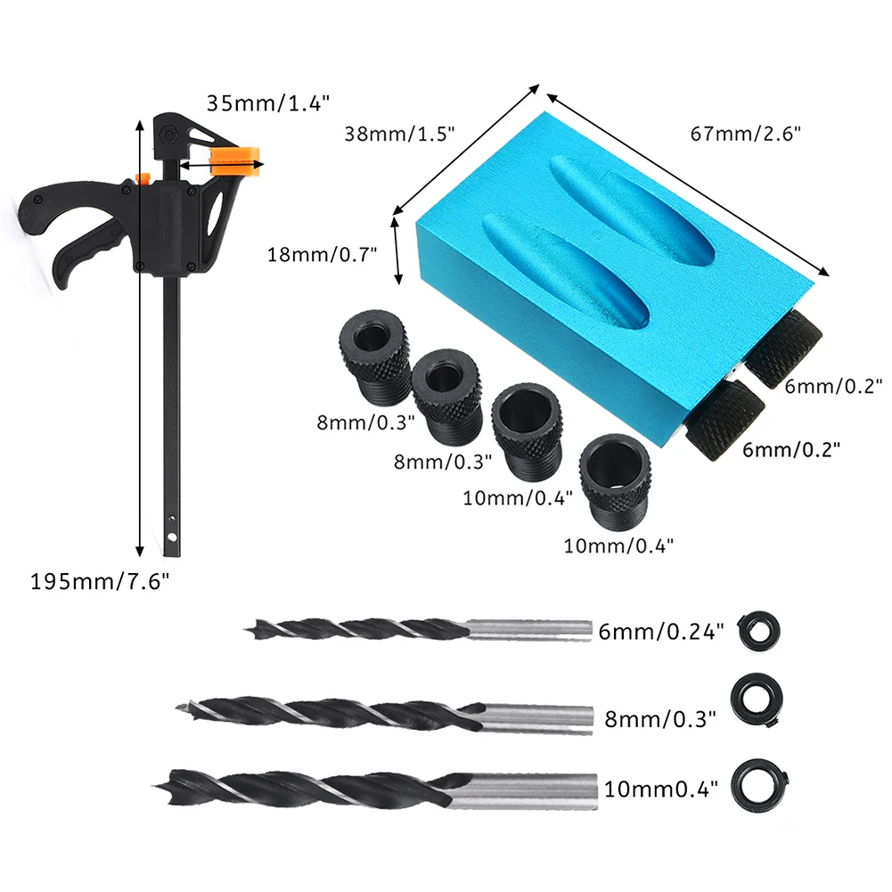 

6/8/10mm Woodworking Oblique Hole Locator Drill Bits Pocket Hole Jig Kit 15 Degree Angle Drill Guide Set Hole DIY Carpentry Tool