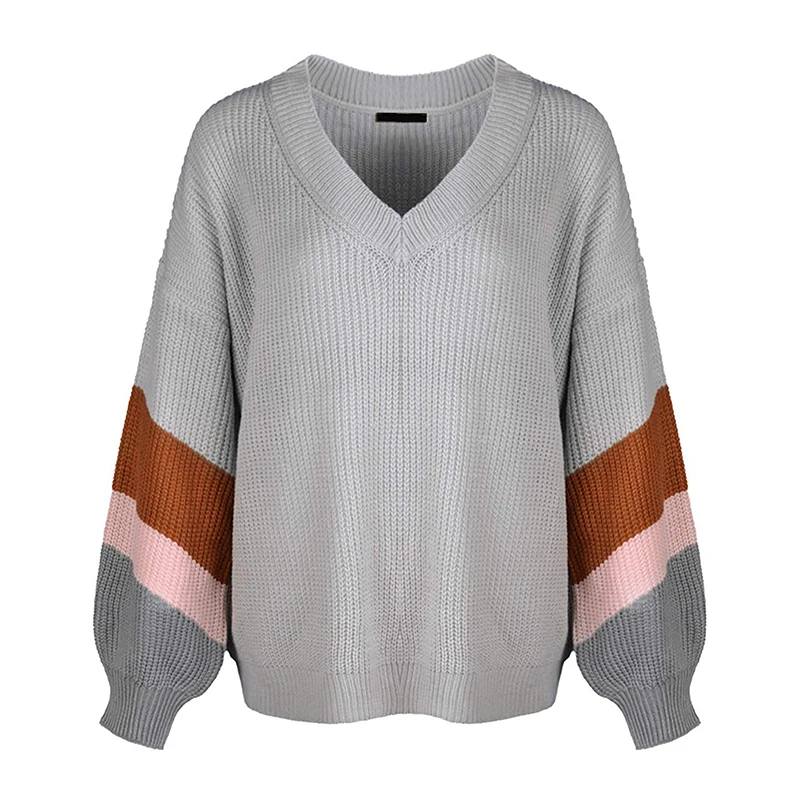 Knitted Striped V Neck Pullover Women 2019 Autumn Winter Fashion Grey Long Sleeve Sweater Female High Street Loose Mujer Jumper | Женская