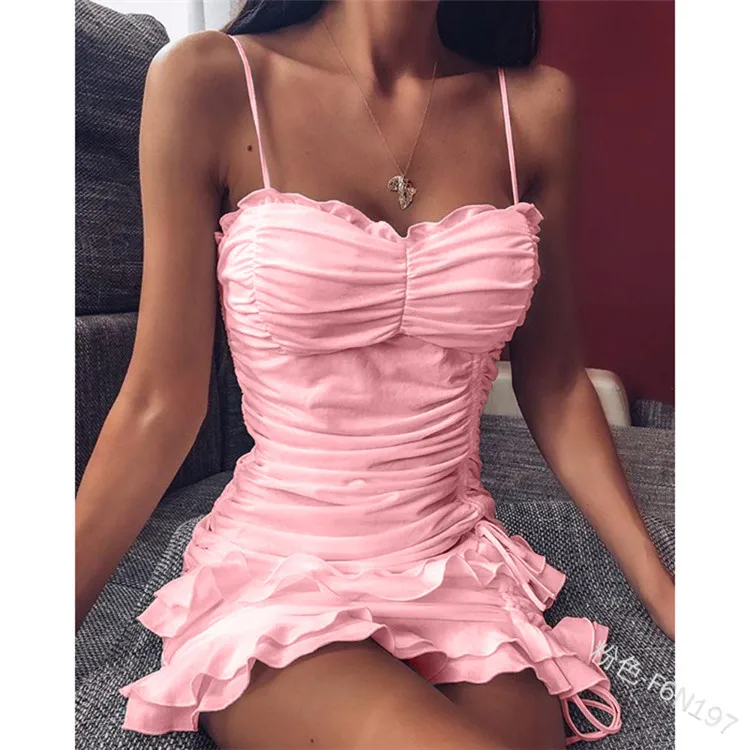 

WEPBEL Women's Casual V-neck Backless Spaghetti Strap High Waist Slim Dress Summer Sexy Pleated Cascading Ruffle Stitching Dress