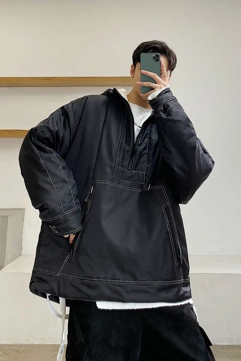 

IEFB men's autumn pullovers winter color block line hood loose fashion personality pullovers cotton coat oversize 9Y4620