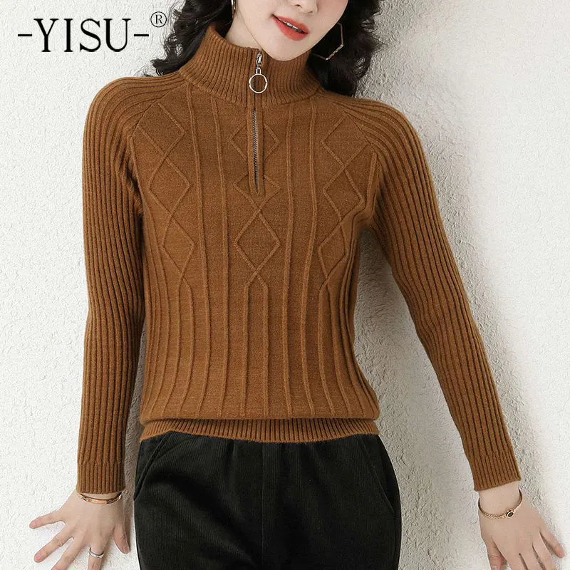 Женский свитер YISU однотонный трикотажный пуловер на молнии с высоким воротником