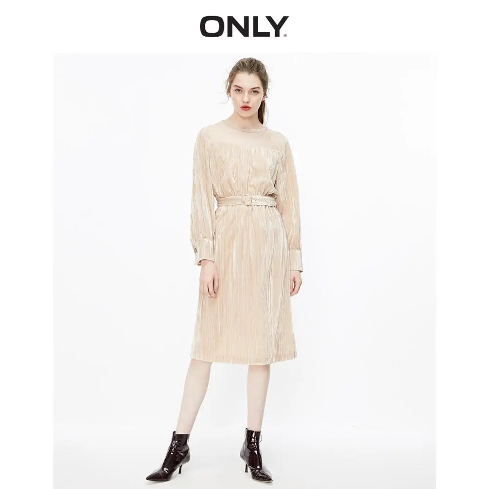 

ONLY Women's Velvet Lace Cinched Waist Long-sleeved Mid-length Dress | 119307618