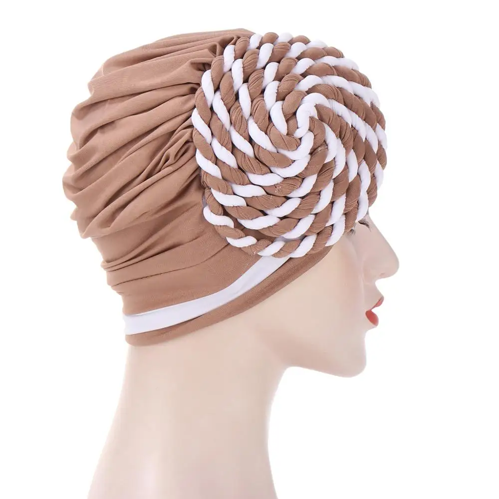 

2020 Muslim European and American foreign trade side braid two-color Baotou cap milk silk India Baotou cap