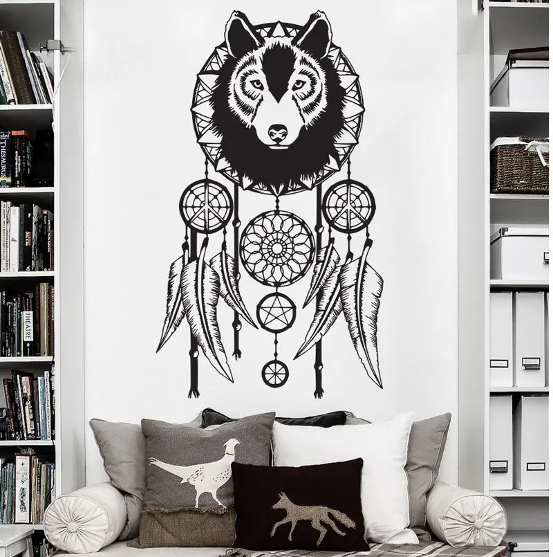 

Wolf Dreamcatcher Wall Sticker Wolf Art Wall Decal Modern Design Home Decoration Removable Dream Catcher Vinyl Wall Mural AY1739