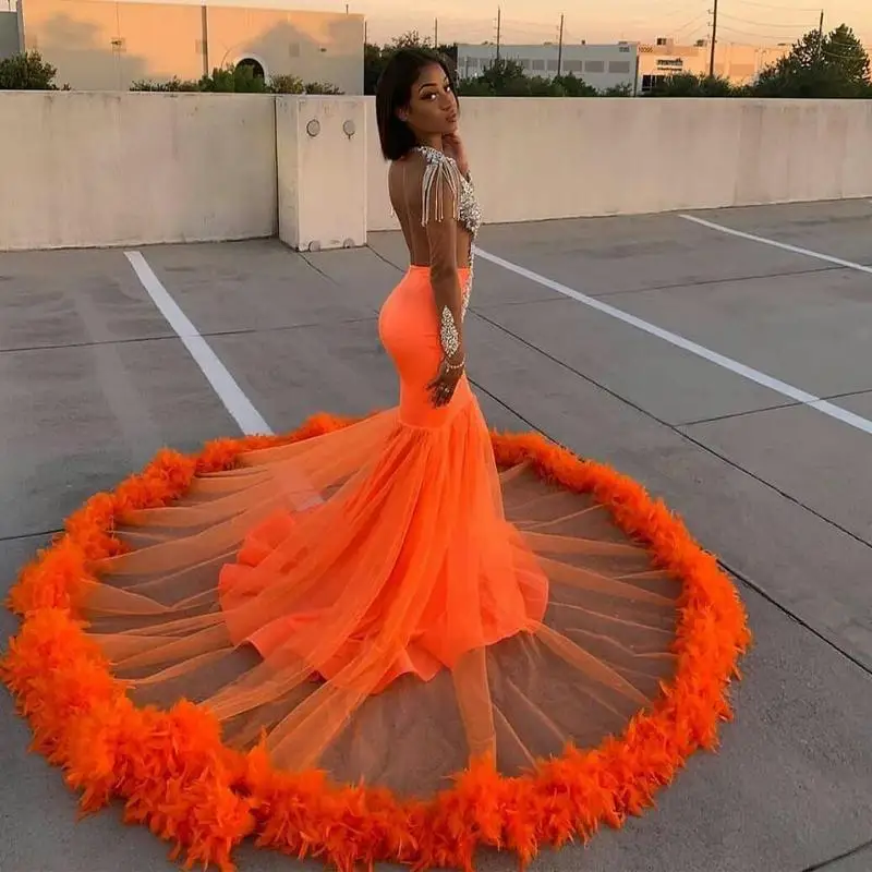

South African Prom Dresses Mermaid V-neck Tulle Beaded Feather Long Robe De Soiree Dubai Saudi Arabic Prom Gown Evening Dresses