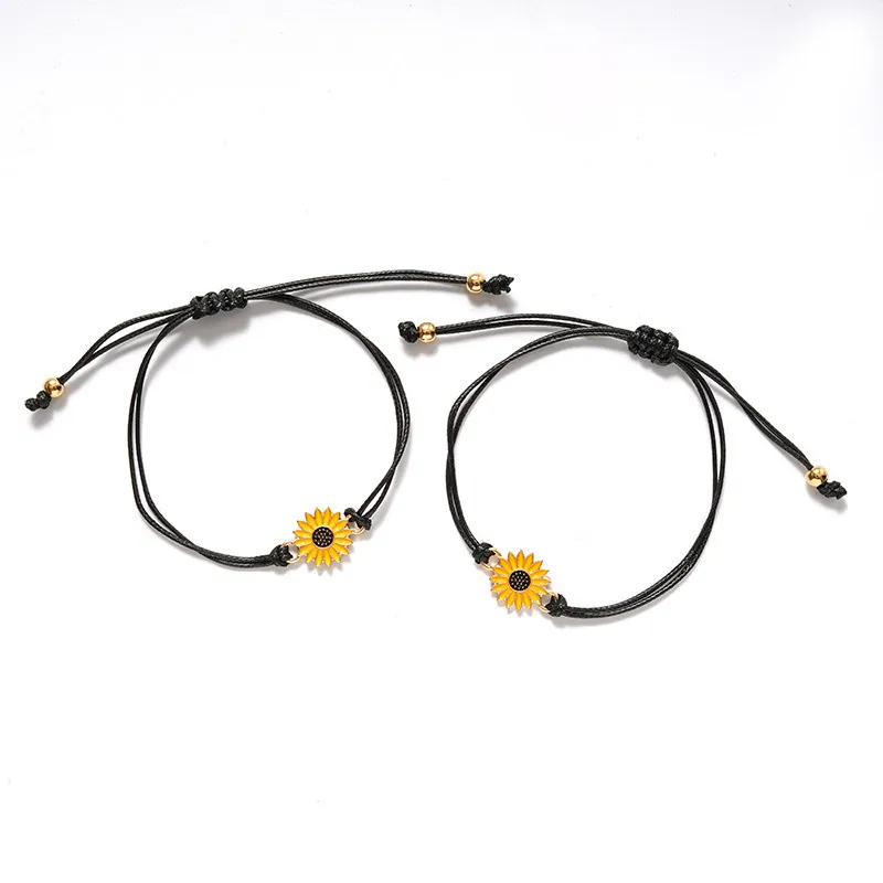 

New Friendship Card Bracelets European&American Alloy Drip Oil Sunflower Wax Thread Woven Bracelet Charm Bracelet