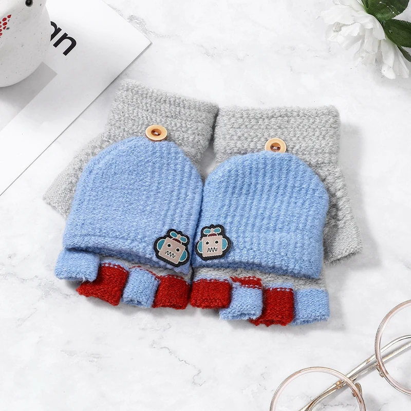 5-12 Years Winter Kids Warm Gloves Children Knitted Stretch Mittens Boy Girl Patchwork Elastic Fingerless | Детская одежда и обувь