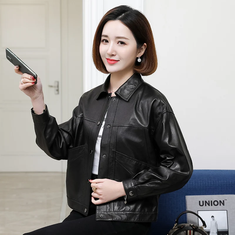 

JCHB 2021 Haining Spring New sheepskin genuine leather coat women's short loose single-pack leather jacket large size coat fash